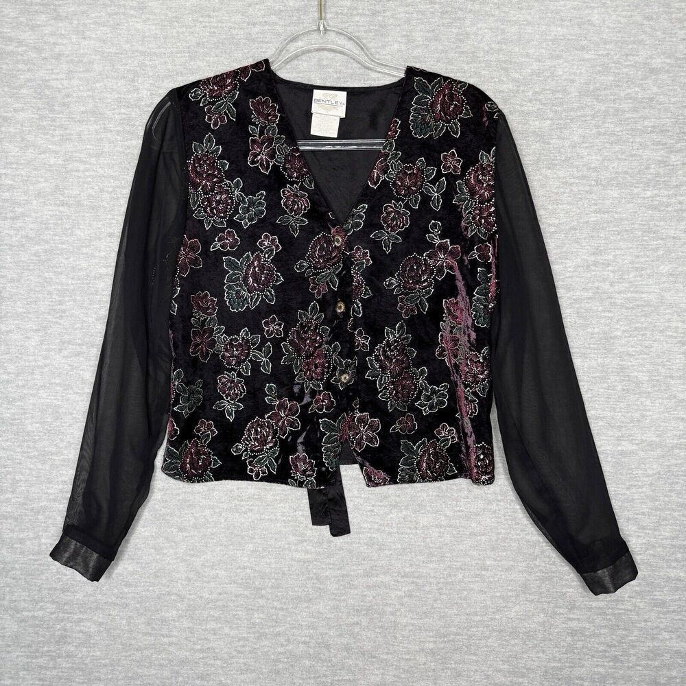 Bentley Womens Shirt Top Size M Crushed Velvet Button Up Sheer Sleeve Whimsygoth